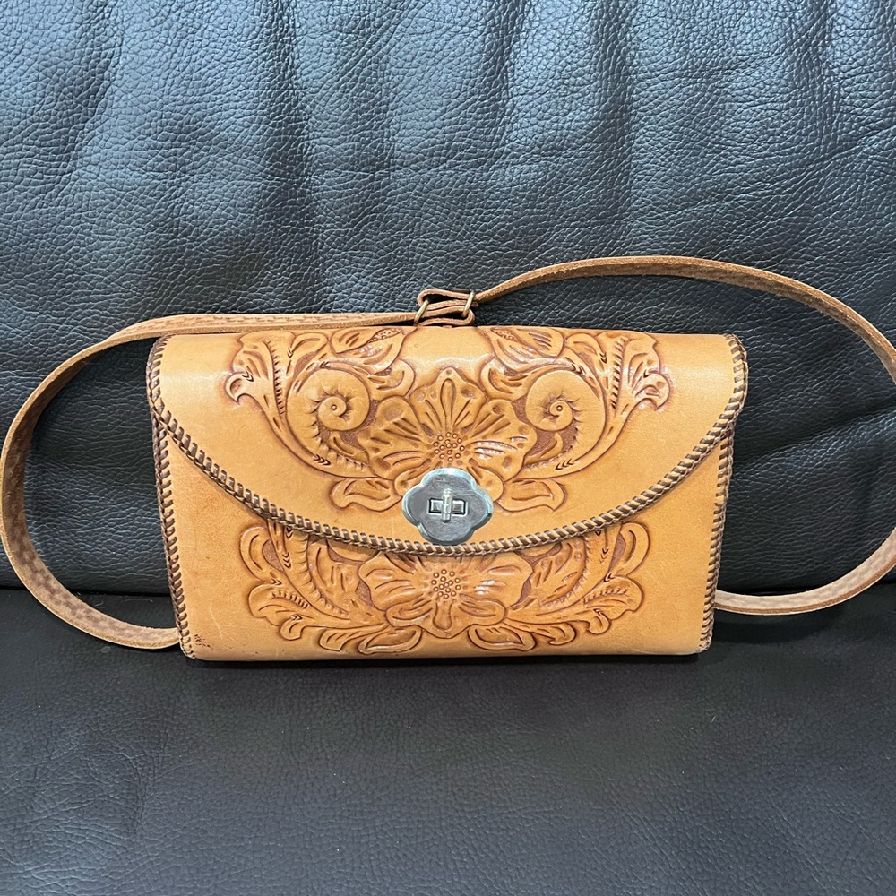 Floral Embossed Tan Leather Crossbody Bag